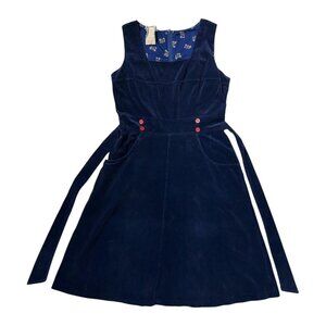 70s vintage navy blue corduroy dress midi pockets sleeveless cottage prep twee.